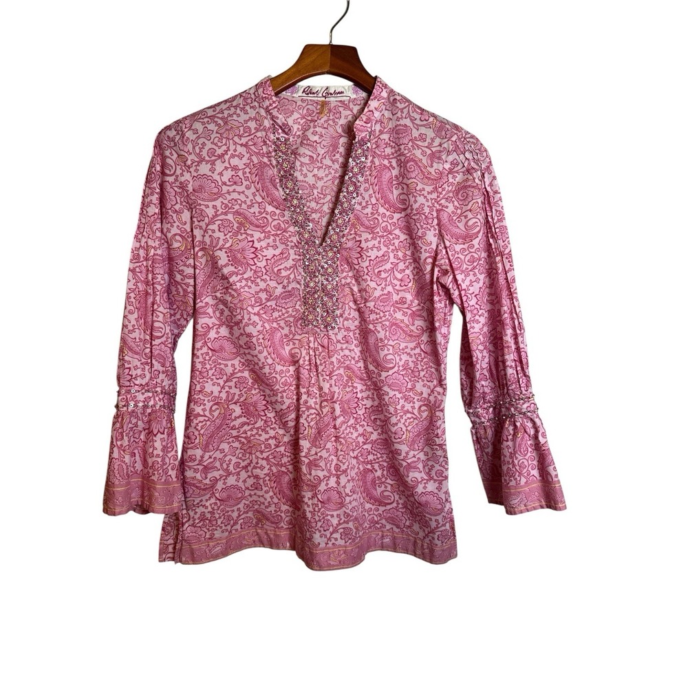 Robert Graham Beaded Long Bell Long Cuff  Silk Pink Paisley Tunic Size Small New